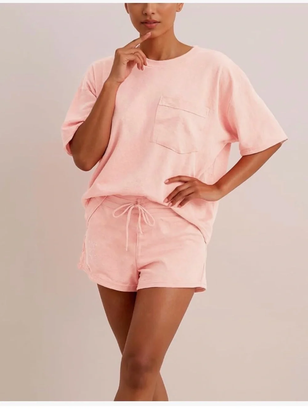 NWT Pink Loungewear Jammie Coverup Short Set - Pocket Tee & Drawstring Shorts-S - Picture 7 of 14
